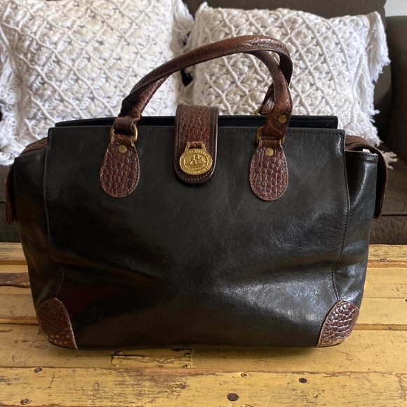 VINTAGE BRAHMIN DESIGNER BLACK 100% LEATHER BROWN CROC STRUCTURED BAG PURSE - Picture 3 of 16